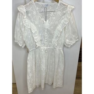 New!Miou‎ Muse Dress Med Florence Embroidered Eyelet Ruffle Button Puff Sleeve L